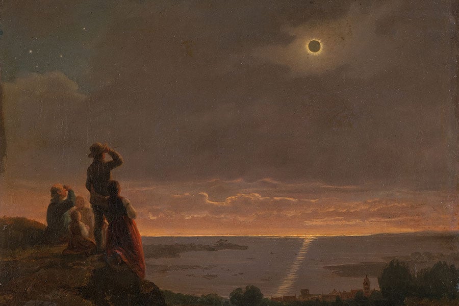 figures in an old painting of a solar eclipse watch the event